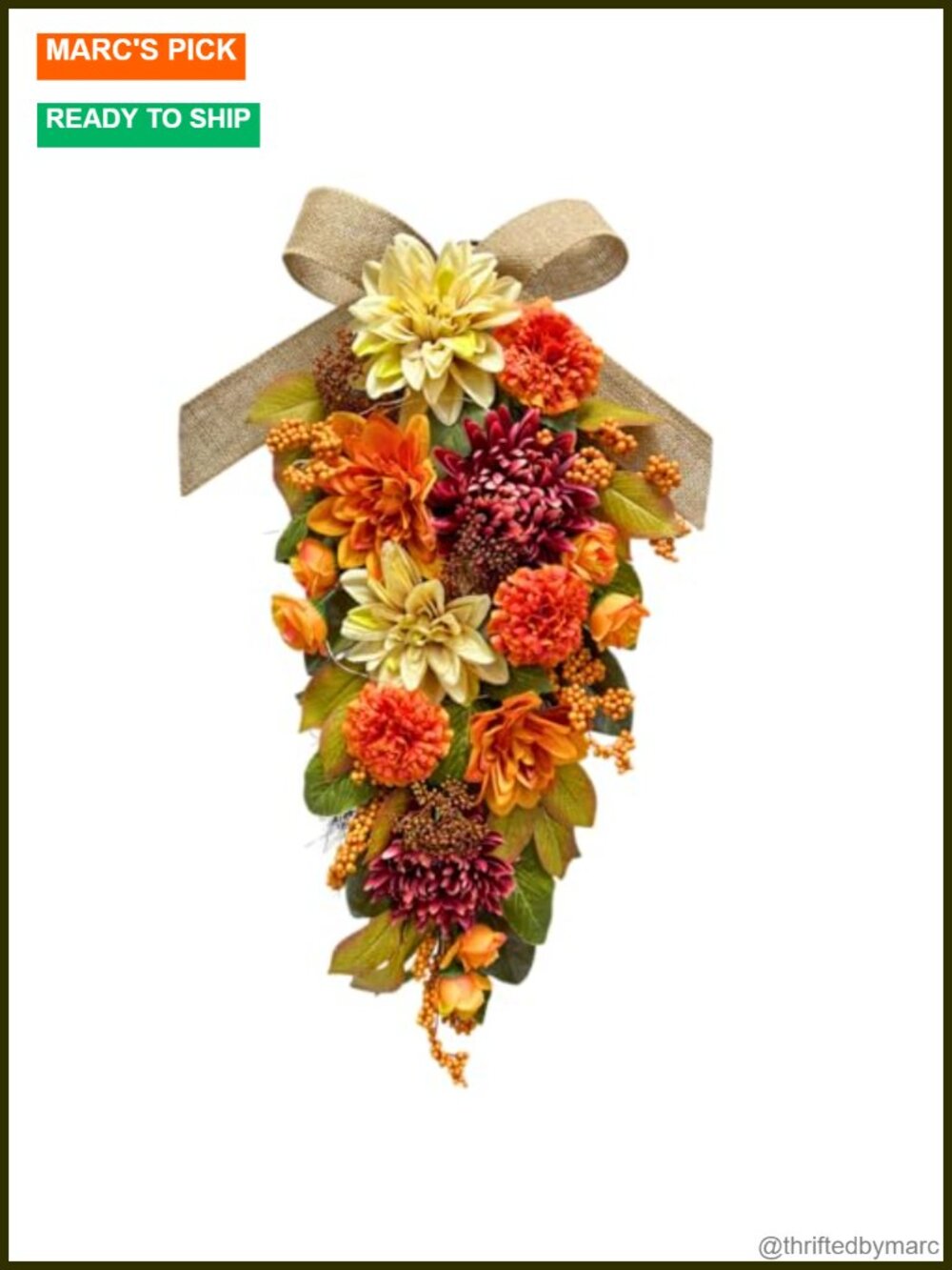 Lighted Fall Teardrop Swag 20 LEDs Battery Timer Front Door Decor 25 Inch
